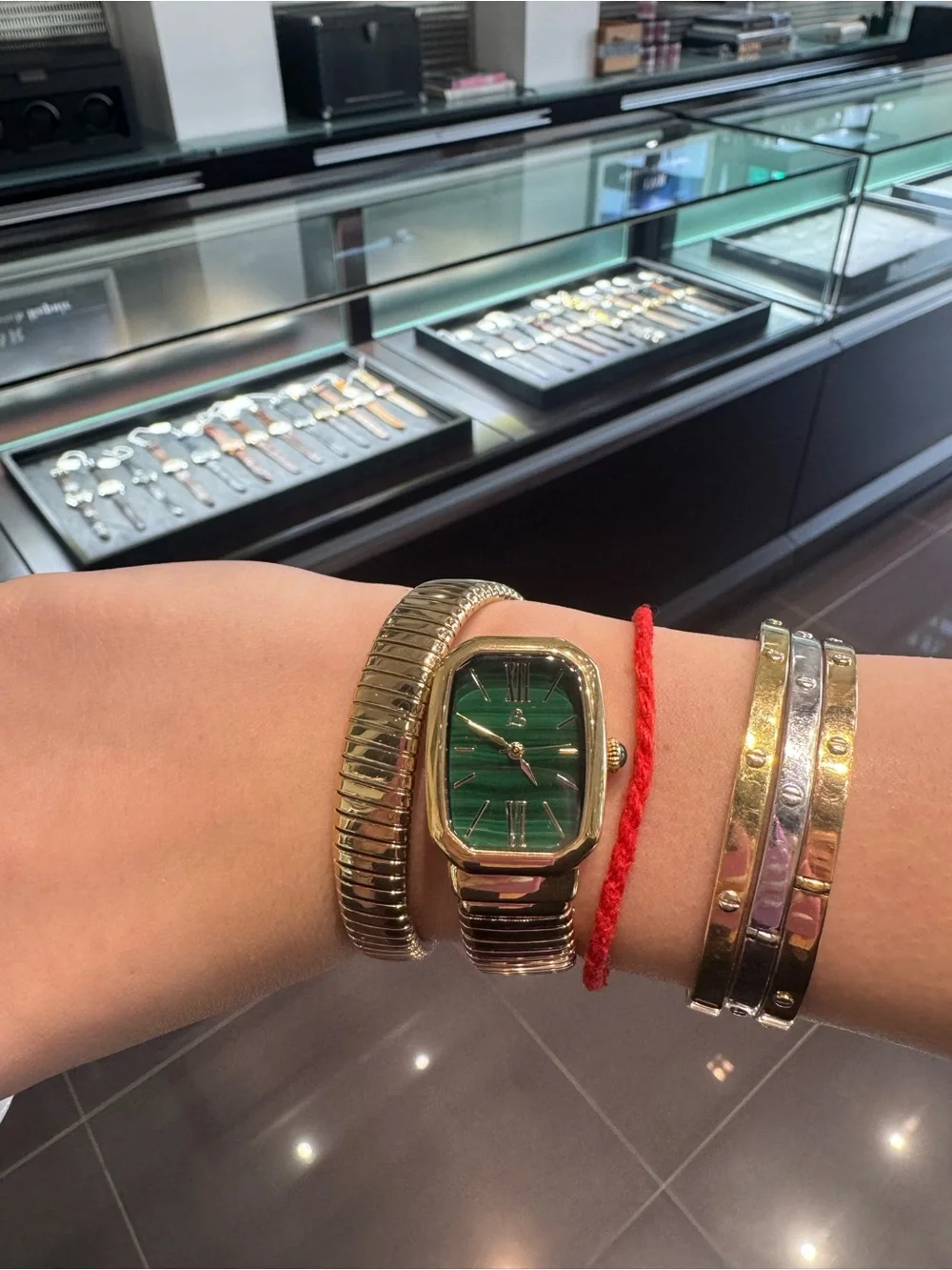 Colleen Lopez Yellow Gold-Tone Tubogas Coil Wrap Watch with Green Malachite Dial